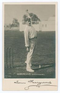 Sam Hargreave. Warwickshire 1899-1909. Excellent sepia real photograph postcard of Hargreave, standing full length at the wicket wearing cricket attire in bowling pose. Very nicely signed in black ink &lsquo;Sam Hargreave&rsquo; to lower margin. Printed title &lsquo;Hargre