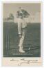 Sam Hargreave. Warwickshire 1899-1909. Excellent sepia real photograph postcard of Hargreave, standing full length at the wicket wearing cricket attire in bowling pose. Very nicely signed in black ink &lsquo;Sam Hargreave&rsquo; to lower margin. Printed title &lsquo;Hargre