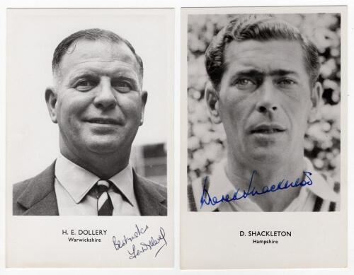 Tom Dollery, Warwickshire & England 1934-1955, and Derek Shackleton, Hampshire & England 1948-1969. Two mono real photograph postcards of each player, head and shoulders, with name and county printed to lower border. Signed in ink by both Dollery and Shac