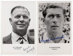 Tom Dollery, Warwickshire & England 1934-1955, and Derek Shackleton, Hampshire & England 1948-1969. Two mono real photograph postcards of each player, head and shoulders, with name and county printed to lower border. Signed in ink by both Dollery and Shac