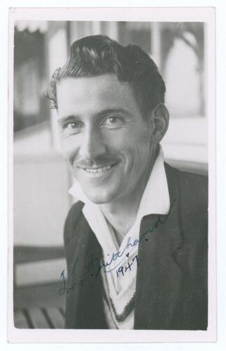 Thomas Leslie Pritchard. Wellington, Warwickshire & Kent 1937-1956. Original mono real photograph plain back postcard of Pritchard, head and shoulders in cricket attire and blazer. Signed in ink to the photograph by Pritchard, dated &lsquo;1947&rsquo;. Official stamp