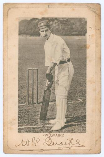 William George &lsquo;Willie&rsquo; Quaife. Warwickshire & England 1894-1928. Mono postcard of Quaife, full length in batting pose, wearing Warwickshire cap. Nicely signed in black ink to lower margin &lsquo;W.G. Quaife&rsquo;. Wrench series no. 2932. Printed title &lsquo;W. Quaife&rsquo;. 