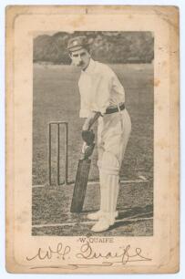 William George &lsquo;Willie&rsquo; Quaife. Warwickshire & England 1894-1928. Mono postcard of Quaife, full length in batting pose, wearing Warwickshire cap. Nicely signed in black ink to lower margin &lsquo;W.G. Quaife&rsquo;. Wrench series no. 2932. Printed title &lsquo;W. Quaife&rsquo;. 