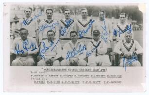 Worcestershire C.C.C. 1947. Mono real photograph plain back postcard of the Worcestershire team seated and standing in rows wearing cricket attire. Printed title and players&rsquo; names to lower border. Fully signed in blue ink to the photograph by all eleven 