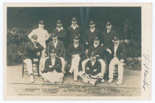 &lsquo;Yorkshire Team 1903&rsquo;. Early sepia real photograph postcard of the 1903 Yorkshire team seated and standing in rows wearing Yorkshire blazers and caps. Signed in ink to the photograph and border by three of the featured players. Signatures are F. Stanley J