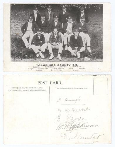 &lsquo;Yorkshire County C.C.&rsquo; c.1905. Early original mono printed postcard of the Yorkshire team seated and standing in rows wearing blazers and caps. Signed in ink to the postcard image by George Hirst (slightly faded), and to the verso by five of the twelve f