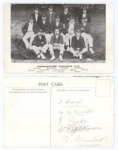&lsquo;Yorkshire County C.C.&rsquo; c.1905. Early original mono printed postcard of the Yorkshire team seated and standing in rows wearing blazers and caps. Signed in ink to the postcard image by George Hirst (slightly faded), and to the verso by five of the twelve f