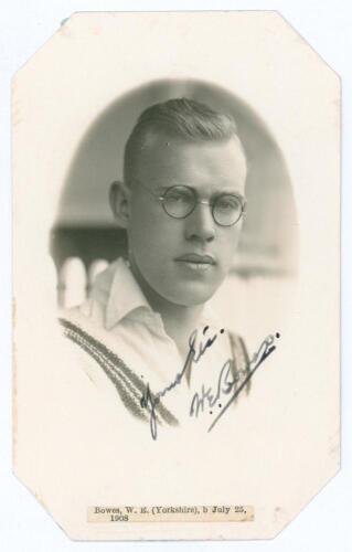 William Eric &lsquo;Bill&rsquo; Bowes. Yorkshire & England 1929-1947. Original mono real photograph postcard of Bowes depicted head and shoulders in cameo wearing cricket attire. Very nicely signed in ink below the image by Bowes. Thin paper strip attached to lower b