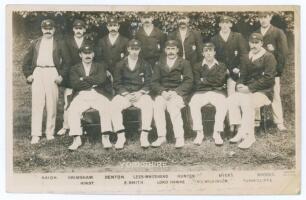 Yorkshire C.C.C. 1904. Early sepia real photograph postcard of the Yorkshire team for the drawn match v Sussex at Hove, 18th- 20th August 1904, the players seated and standing in rows wearing Yorkshire caps and blazers. Players are Lord Hawke (Captain), H