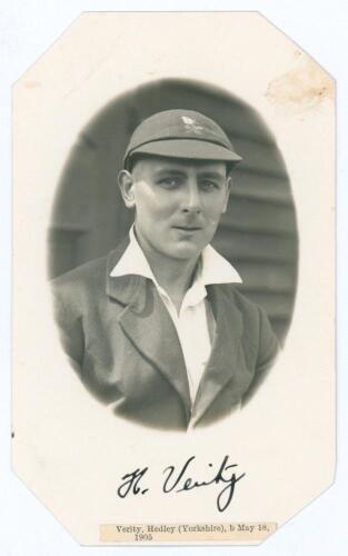 Hedley Verity. Yorkshire & England, 1930-39. Original mono real photograph postcard of Verity depicted head and shoulders in cameo wearing cricket attire and Yorkshire cap. Very nicely signed in ink below the image by Verity. Thin paper strip attached to 