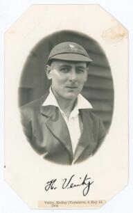 Hedley Verity. Yorkshire & England, 1930-39. Original mono real photograph postcard of Verity depicted head and shoulders in cameo wearing cricket attire and Yorkshire cap. Very nicely signed in ink below the image by Verity. Thin paper strip attached to 