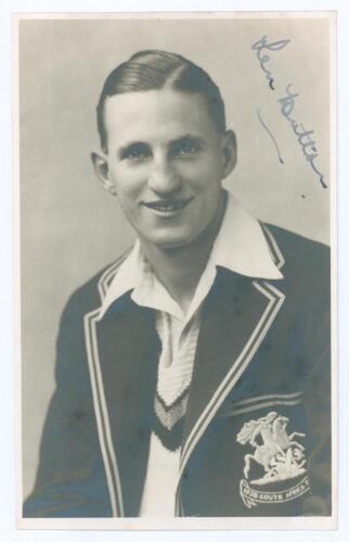 Leonard Hutton. Yorkshire & England 1934-1955. Mono real photograph postcard of Hutton, half length, wearing his M.C.C. &lsquo;South Africa 1938/39&rsquo; tour blazer and cricket attire. The postcard by Walter Scott of Bradford. The postcard very nicely signed by Hut