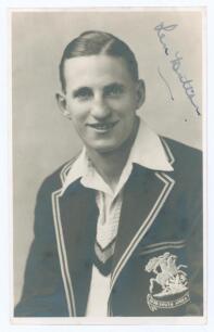 Leonard Hutton. Yorkshire & England 1934-1955. Mono real photograph postcard of Hutton, half length, wearing his M.C.C. &lsquo;South Africa 1938/39&rsquo; tour blazer and cricket attire. The postcard by Walter Scott of Bradford. The postcard very nicely signed by Hut