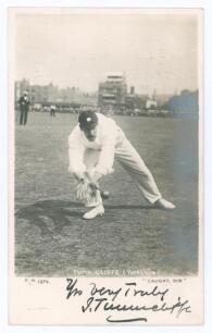 John Tunnicliffe. Yorkshire 1891-1907. Mono real photograph postcard of Tunnicliffe catching a low ball, wearing Yorkshire cap. Very nicely signed in black ink to lower border &lsquo;Yrs Very Truly, J. Tunnicliffe&rsquo;. Printed title &lsquo;Tunnicliffe (Yorkshire) &ldquo;Caugh