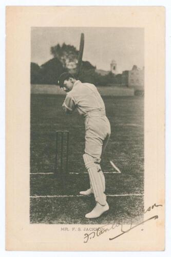 Frank Stanley Jackson. Cambridge University, Yorkshire & England 1890-1907. Early original mono postcard of Jackson standing full length in batting pose at the crease. Nicely signed &lsquo;F. Stanley Jackson&rsquo; in black ink to the lower right corner by Jackson. W
