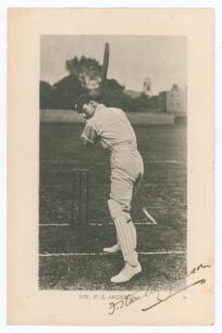 Frank Stanley Jackson. Cambridge University, Yorkshire & England 1890-1907. Early original mono postcard of Jackson standing full length in batting pose at the crease. Nicely signed &lsquo;F. Stanley Jackson&rsquo; in black ink to the lower right corner by Jackson. W