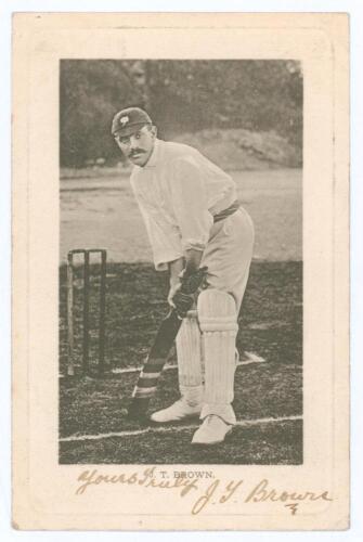 John Thomas &lsquo;Jack&rsquo; Brown. Yorkshire & England 1889-1904. Early original mono postcard of Brown standing full length at the wicket in batting pose, wearing Yorkshire cap. Signed in black ink to lower margin &lsquo;Yours truly, J.T. Brown&rsquo;. Wrench Series no. 1386