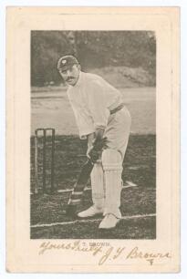 John Thomas &lsquo;Jack&rsquo; Brown. Yorkshire & England 1889-1904. Early original mono postcard of Brown standing full length at the wicket in batting pose, wearing Yorkshire cap. Signed in black ink to lower margin &lsquo;Yours truly, J.T. Brown&rsquo;. Wrench Series no. 1386