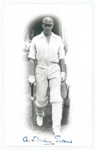 Arthur Brian Sellers. Yorkshire 1932-1948. Mono real photograph postcard of Sellers, full length walking out to bat wearing Yorkshire cap, in cameo. Signed in blue ink to the lower border &lsquo;A. Brian Sellers&rsquo;. Dated in pencil to verso &lsquo;1933&rsquo;. Publisher unkn