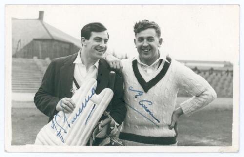 Yorkshire C.C.C. Fred Trueman and Mike Cowan. Mono real photograph postcard of Trueman (Yorkshire & England 1949-1969) and Cowan (Yorkshire 1953-1962) standing together, half length wearing cricket attire, Trueman with a blazer and holding a batting pad. 
