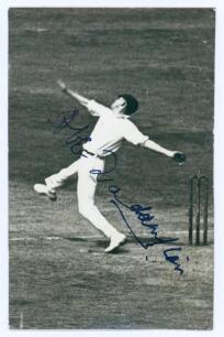 Abraham &lsquo;Abe&rsquo; Waddington. Yorkshire & England 1919-1927. Mono real photograph postcard of Waddington in match bowling action. Nicely signed in blue ink to the photograph by Waddington. Official stamp for Walkers Studios, Scarborough to verso. Published by