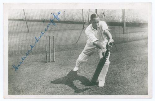 Herbert Sutcliffe. Yorkshire & England 1919-1945. Mono real photograph postcard of Sutcliffe in batting pose in the nets, very nicely signed in blue ink to the photograph. Publisher unknown. Postally unused. Very good condition. An excellent image.