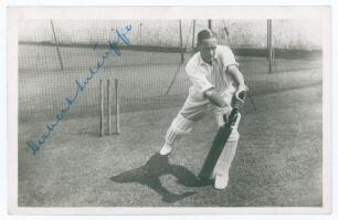 Herbert Sutcliffe. Yorkshire & England 1919-1945. Mono real photograph postcard of Sutcliffe in batting pose in the nets, very nicely signed in blue ink to the photograph. Publisher unknown. Postally unused. Very good condition. An excellent image.
