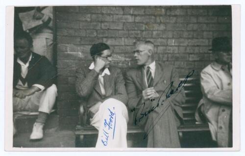 Yorkshire C.C.C. Bill Foord and Bill Bowes. Mono real photograph candid-style plain back postcard of Foord (Yorkshire 1947-1953) and Bowes (Yorkshire & England 1928-1947) seated together in conversation on a pavilion bench, c.1950. Signed in ink to the ph