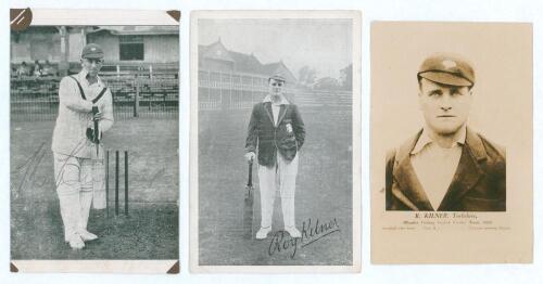 Yorkshire C.C.C. Maurice Leyland and Roy Kilner. Two mono advertising postcards, one of Leyland in batting pose with advertising to verso for the &lsquo;Maurice Leyland Cricket Bat&rsquo; by Sykes. Signed in pencil to the front by Leyland. The other, of Kilner standi