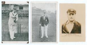 Yorkshire C.C.C. Maurice Leyland and Roy Kilner. Two mono advertising postcards, one of Leyland in batting pose with advertising to verso for the &lsquo;Maurice Leyland Cricket Bat&rsquo; by Sykes. Signed in pencil to the front by Leyland. The other, of Kilner standi