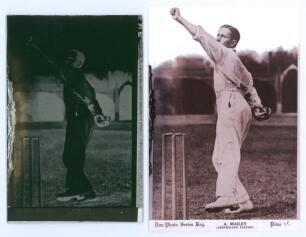 Arthur Mailey, New South Wales & Australia 1912-1930. Glass plate negative of Mailey, full length, wearing cricket attire and in bowling pose. The plate was struck for the M.C.C. tour of Australia in 1924/25 under the name Don Photo Series, produced by Ro