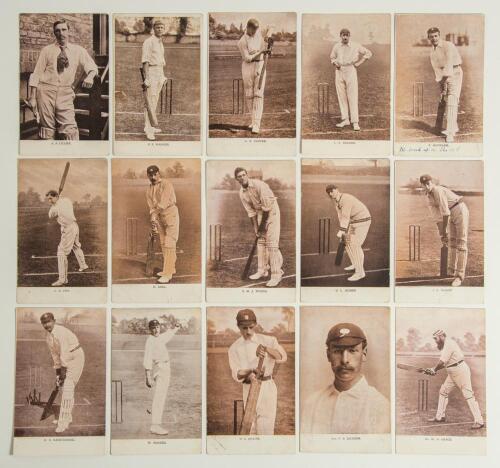 England player postcards early 1900s. A selection of fifteen early postcards, all of a similar &lsquo;pink&rsquo; printed series, each depicting an English cricketer in various poses, with printed player&rsquo;s name to lower border. The majority are from photographs by E.