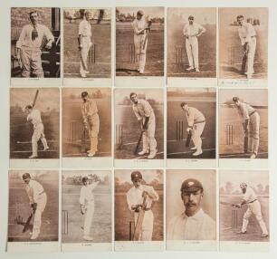 England player postcards early 1900s. A selection of fifteen early postcards, all of a similar &lsquo;pink&rsquo; printed series, each depicting an English cricketer in various poses, with printed player&rsquo;s name to lower border. The majority are from photographs by E.