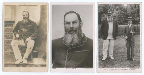 W.G. Grace. Three early mono/ sepia real photograph postcards of W.G. Grace. Images depict Grace in cricket attire and blazer, one of him seated postmarked 1904, another head and shoulders postally unused, the third standing with the &lsquo;young&rsquo; Prince of Wal