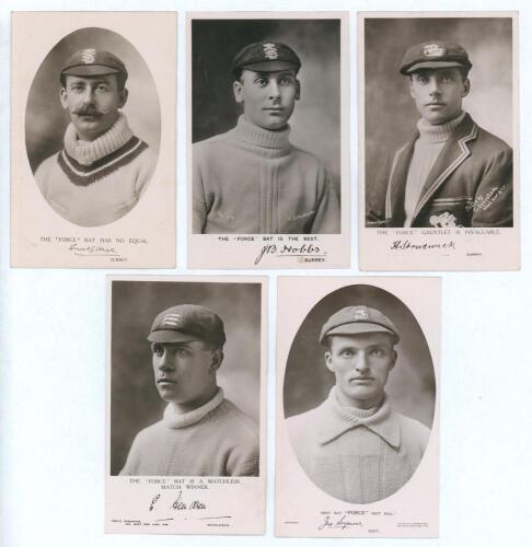 &lsquo;Force Bat Series&rsquo; advertising postcards c.1911. Five early mono real photograph postcards issued by Summers Brown & Co., London, each featuring a head and shoulders studio portrait of a player wearing cricket attire and cap, with printed signatures and t