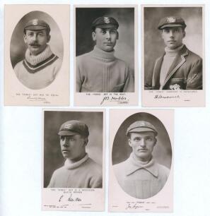&lsquo;Force Bat Series&rsquo; advertising postcards c.1911. Five early mono real photograph postcards issued by Summers Brown & Co., London, each featuring a head and shoulders studio portrait of a player wearing cricket attire and cap, with printed signatures and t