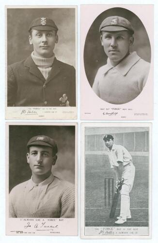 &lsquo;Force Bat Series&rsquo; advertising postcards c.1911. Four early mono postcards issued by Summers Brown & Co., London. Three are real photographs, featuring a head and shoulders studio portrait of a player wearing cricket attire and cap, with printed signatur