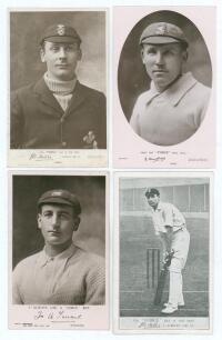 &lsquo;Force Bat Series&rsquo; advertising postcards c.1911. Four early mono postcards issued by Summers Brown & Co., London. Three are real photographs, featuring a head and shoulders studio portrait of a player wearing cricket attire and cap, with printed signatur
