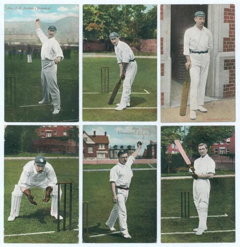 England Test and County cricketers early 1900s. Six Valentine&rsquo;s Series colour postcards, each depicting a player wearing cricket attire, with printed name to front. Players are F.S. Jackson, Hirst (Yorkshire), Tyldesley (Lancashire), T. Hayward (Surrey), 
