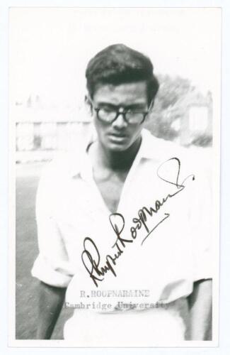 Rupert Roopnaraine. Cambridge University 1964-1966. Mono real candid-style photograph plain back postcard of Roopnaraine depicted half length wearing cricket attire. Very nicely signed in black ink to the photograph, &lsquo;Rupert Roopnaraine&rsquo;. Typed title &lsquo;R. 