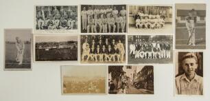 Cricket postcards 1910s-1950s. A good selection of eleven original postcards, the majority real photographs unless stated. Includes team postcards of Yorkshire 1905 (printed) by Scott of Bradford, Northamptonshire of 1925, S.H. Greenway of Northampton, Su