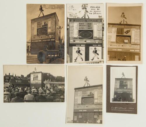 &lsquo;The Johnnie Walker Test Match Scoreboard&rsquo; 1934. Five mono/ sepia real photograph postcards depicting the scoreboard at various locations during the 1934 Ashes series. Locations are Great Yarmouth, 1st Test at Trent Bridge, showing Australia&rsquo;s 1st innings