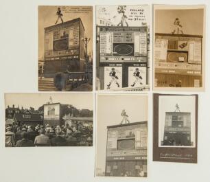 &lsquo;The Johnnie Walker Test Match Scoreboard&rsquo; 1934. Five mono/ sepia real photograph postcards depicting the scoreboard at various locations during the 1934 Ashes series. Locations are Great Yarmouth, 1st Test at Trent Bridge, showing Australia&rsquo;s 1st innings