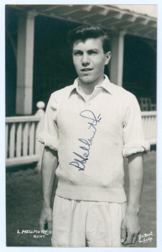Leon Hellmuth. Kent 1951-1952. Mono real photograph postcard of Hellmuth three quarter length wearing cricket attire. Nicely signed in ink to the photograph by Hellmuth. Printed title &lsquo;L. Hellmuth, Kent&rsquo; to lower left corner. &lsquo;Kent Cricket Series&rsquo; by J.D.