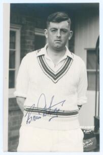 Brian Elvin Disbury. Kent 1954-1957. Mono real photograph postcard of Disbury three quarter length wearing cricket attire. Nicely signed in black ink to the photograph by Disbury. Printed title &lsquo;B.E. Disbury, Kent&rsquo; to lower right corner. J.D. Hunt of Tonb
