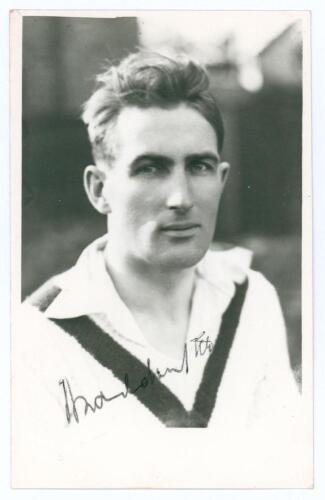 Abraham &lsquo;Abram&rsquo; Waddington. Yorkshire & England 1919-1927. Mono real photograph plain back postcard of Waddington, head and shoulders wearing cricket attire. Signed in ink by Waddington. Official stamp to verso for A. Wilkes & Son, West Bromwich. Very goo
