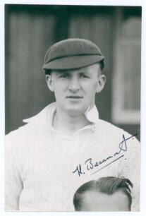 Harold Beaumont. Yorkshire 1946-1947. Mono real photograph plain back postcard of Beaumont, head and shoulders wearing cricket attire and cap. Nicely signed in ink by Beaumont. Official stamp for A. Wilkes & Son, West Bromwich to verso, date stamped 1946.