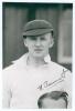 Harold Beaumont. Yorkshire 1946-1947. Mono real photograph plain back postcard of Beaumont, head and shoulders wearing cricket attire and cap. Nicely signed in ink by Beaumont. Official stamp for A. Wilkes & Son, West Bromwich to verso, date stamped 1946.