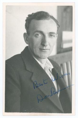 Donald Vincent &lsquo;Don&rsquo; Brennan. Yorkshire & England 1947-1955. Mono real photograph plain back postcard of Brennan, head and shoulders wearing cricket attire and blazer. Nicely signed in blue ink to the photograph by Brennan. Official stamp for A. Wilkes & 
