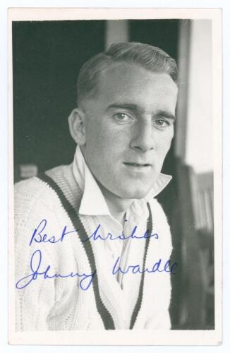 John Henry &lsquo;Johnny&rsquo; Wardle. Yorkshire & England 1946-1958. Mono real photograph plain back postcard of Wardle, head and shoulders wearing cricket attire. Very nicely signed in blue ink to the photograph by Wardle. Official stamp for A. Wilkes & Son, West 